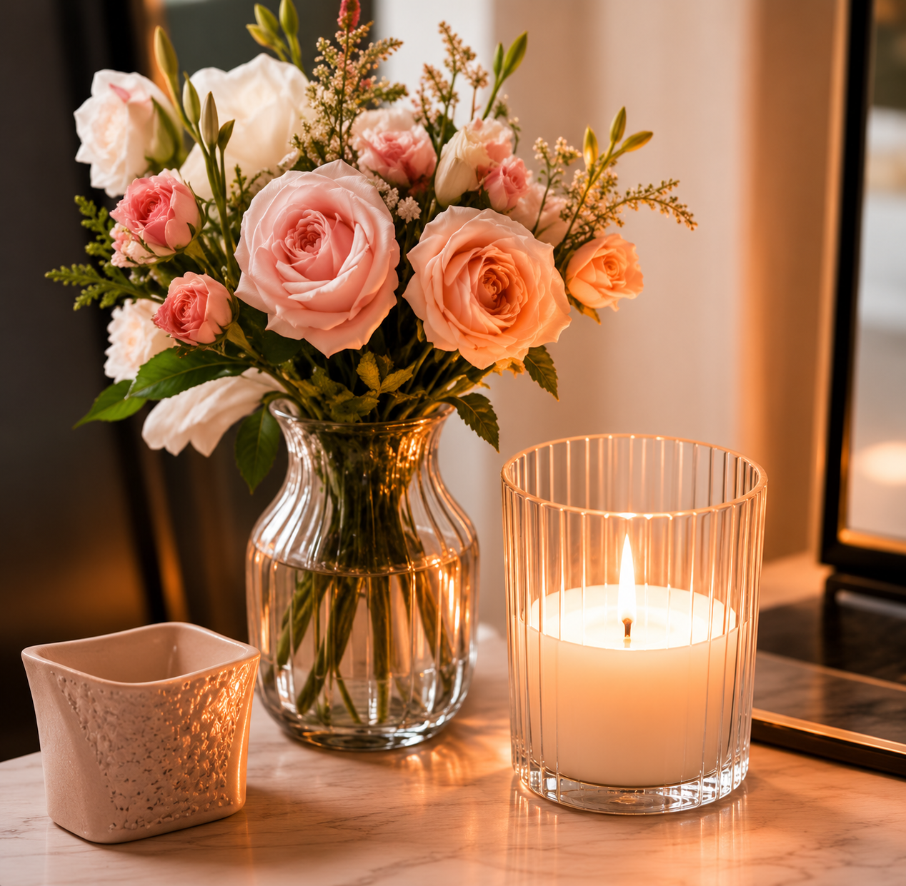 Open notebook with a gold pen and a small vase of roses