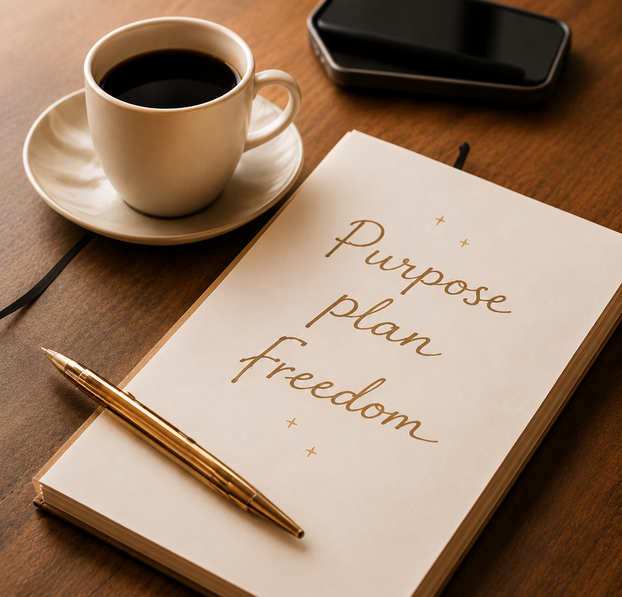 Coffee cup beside a journal that reads Clarity Creates Momentum in gold script