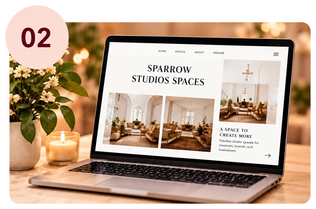 Number 02: a laptop showing the Sparrow Studios Spaces website.