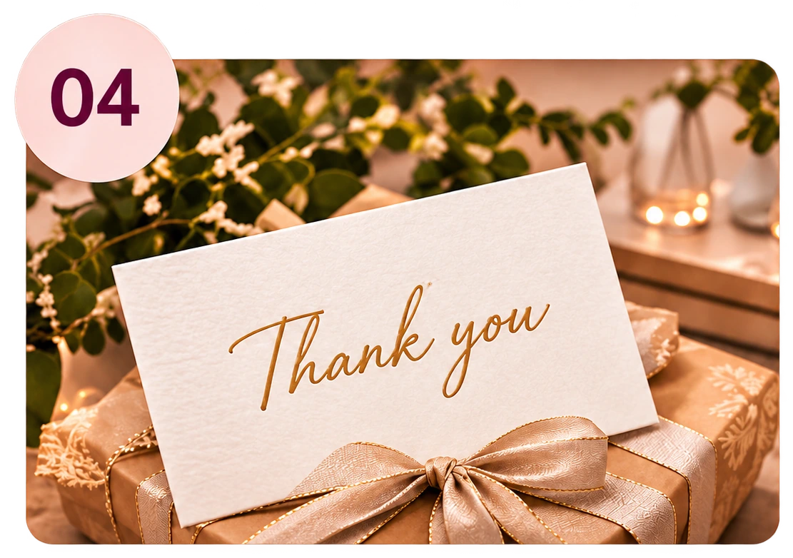Number 04: a handwritten thank-you card on a wrapped gift.