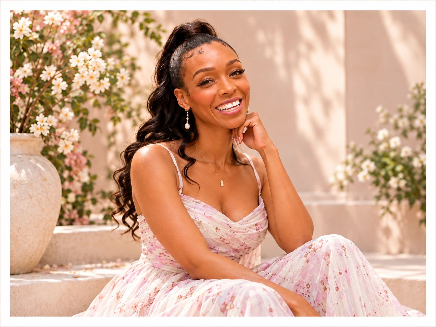 Ten Elyse seated in a bright floral portrait.