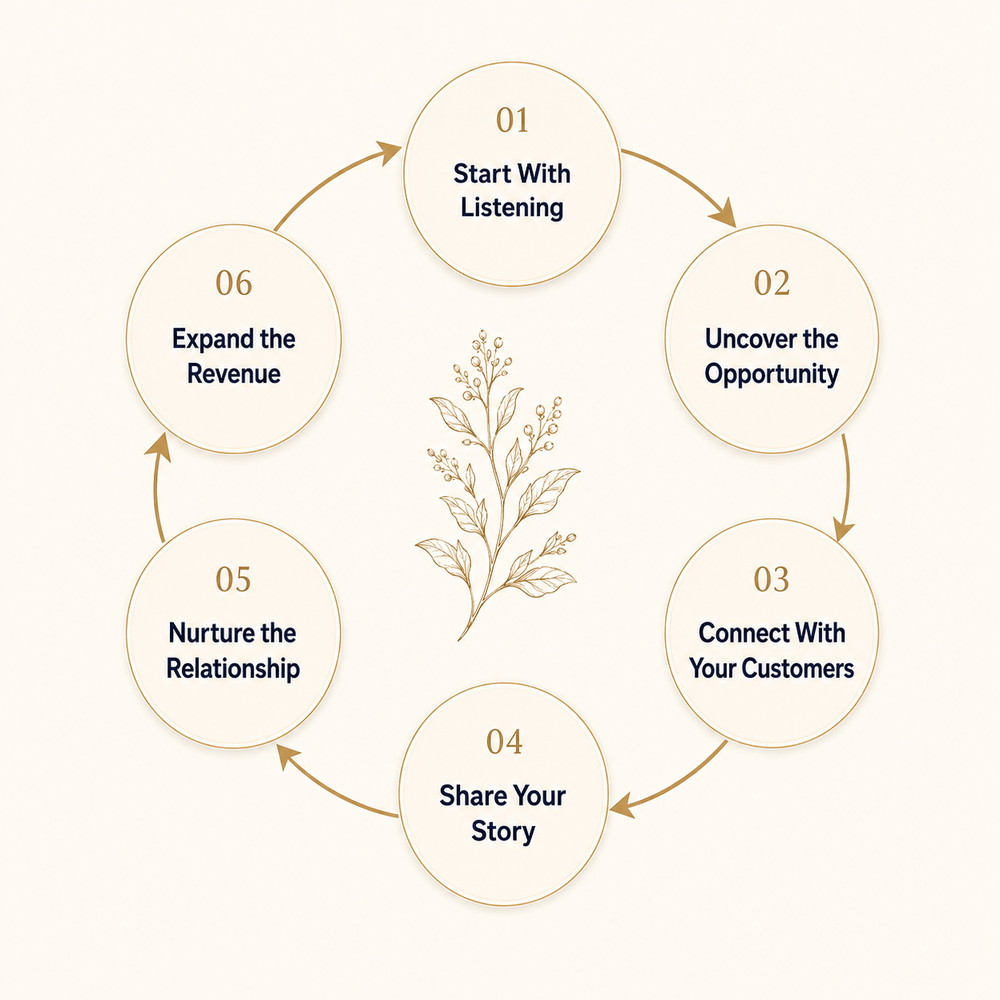 The six stages of the Relationship-First Growth Method, arranged in a cycle: start with listening, uncover the opportunity, connect with your customers, share your story, nurture the relationship, expand the revenue.