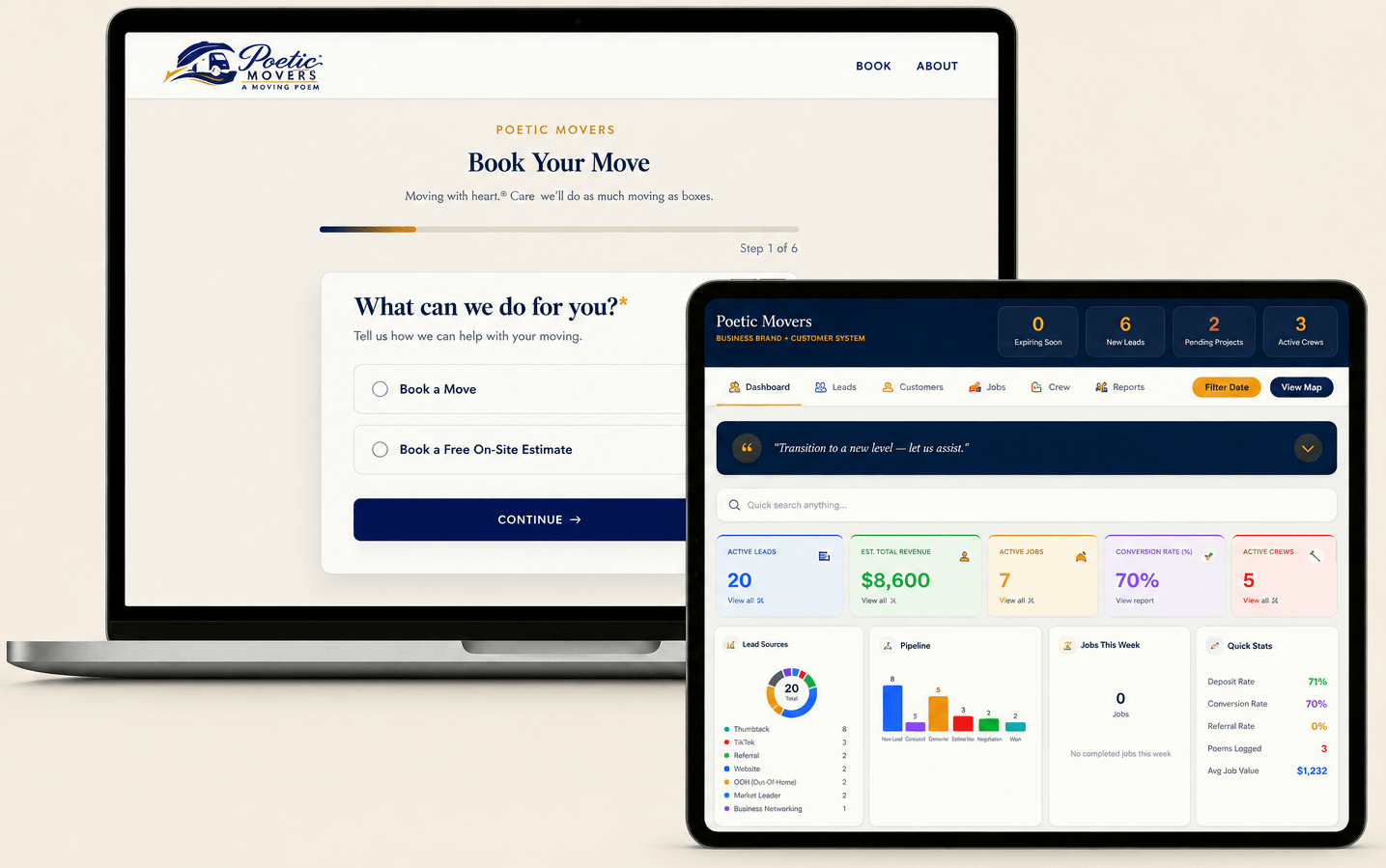 Poetic Movers booking experience and custom CRM shown on a laptop and tablet